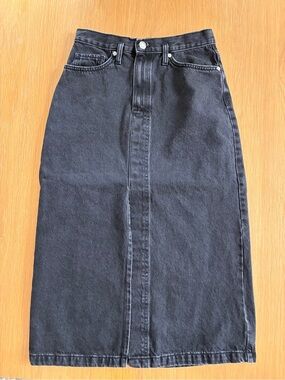 Mango-Black-Denim-Midi-Skirt-Front Slit-Casual-Fall-Summer-Size S